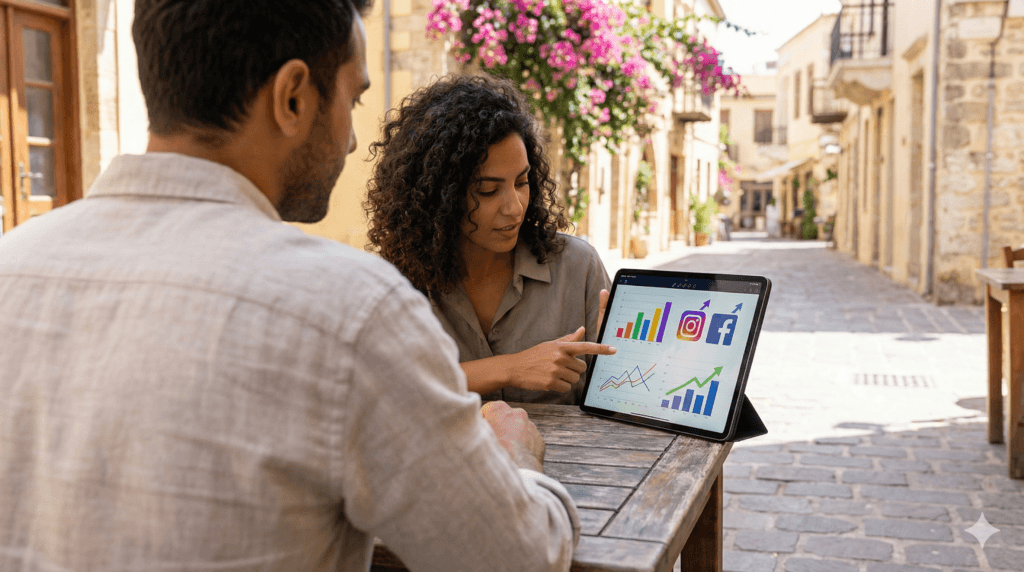 Eνα απο τα εξιδοικευμενα μελη του pixelpals δειχνει τα βελτιωμενα στατιστικα στον πελατη του καλυτερου digital agency στα χανια