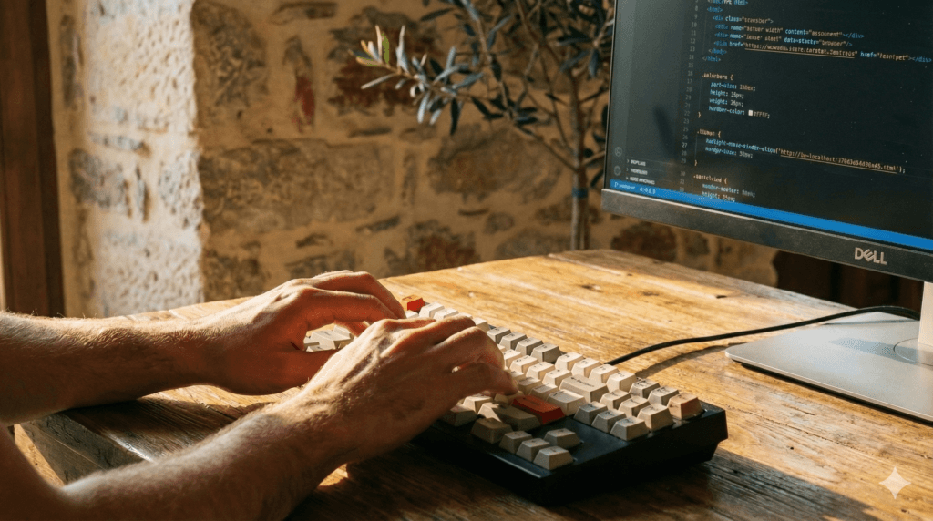 Eνας web developer της pixelpals στα χανια εργάζεται γραφωντας κώδικα για ενα νεο website