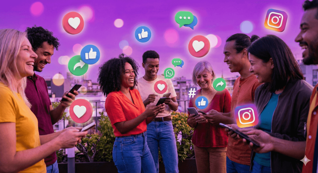 Χαρούμενοι άνθρωποι αλληλεπιδρούν στα social media, συμβολίζοντας την αύξηση της απήχησης (engagement) που προσφέρει η Pixel Pals